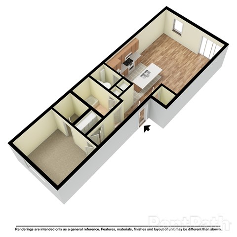 Floor plan for 1 bed, 1 bath, 747 sqft